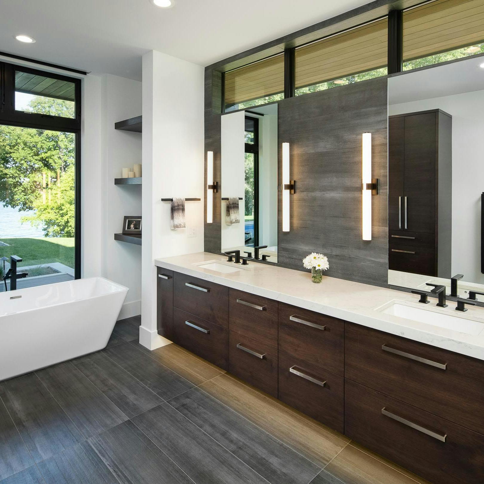 modern bathroom with transom windows, long vanity