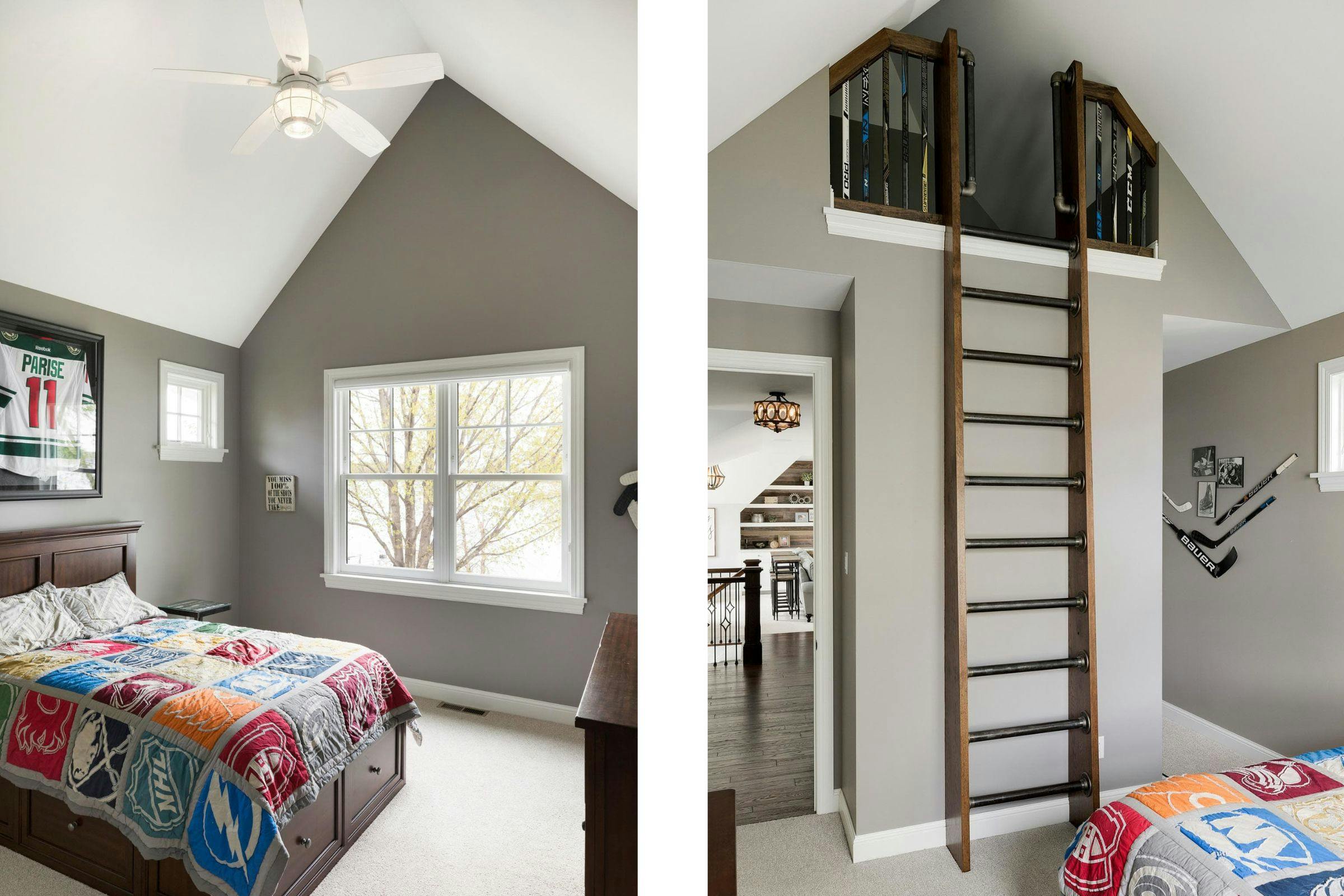 children's room with ladder leading to the loft