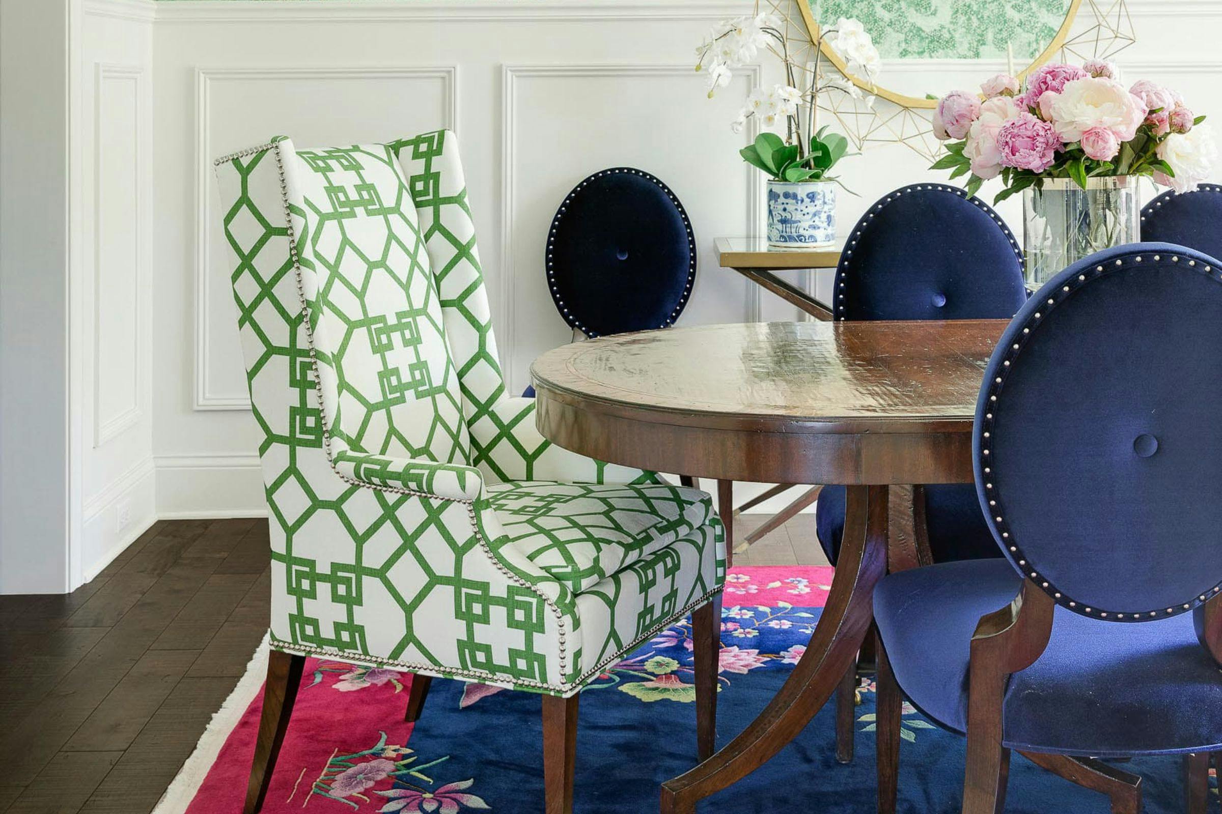 chair with trellis pattern in green and white