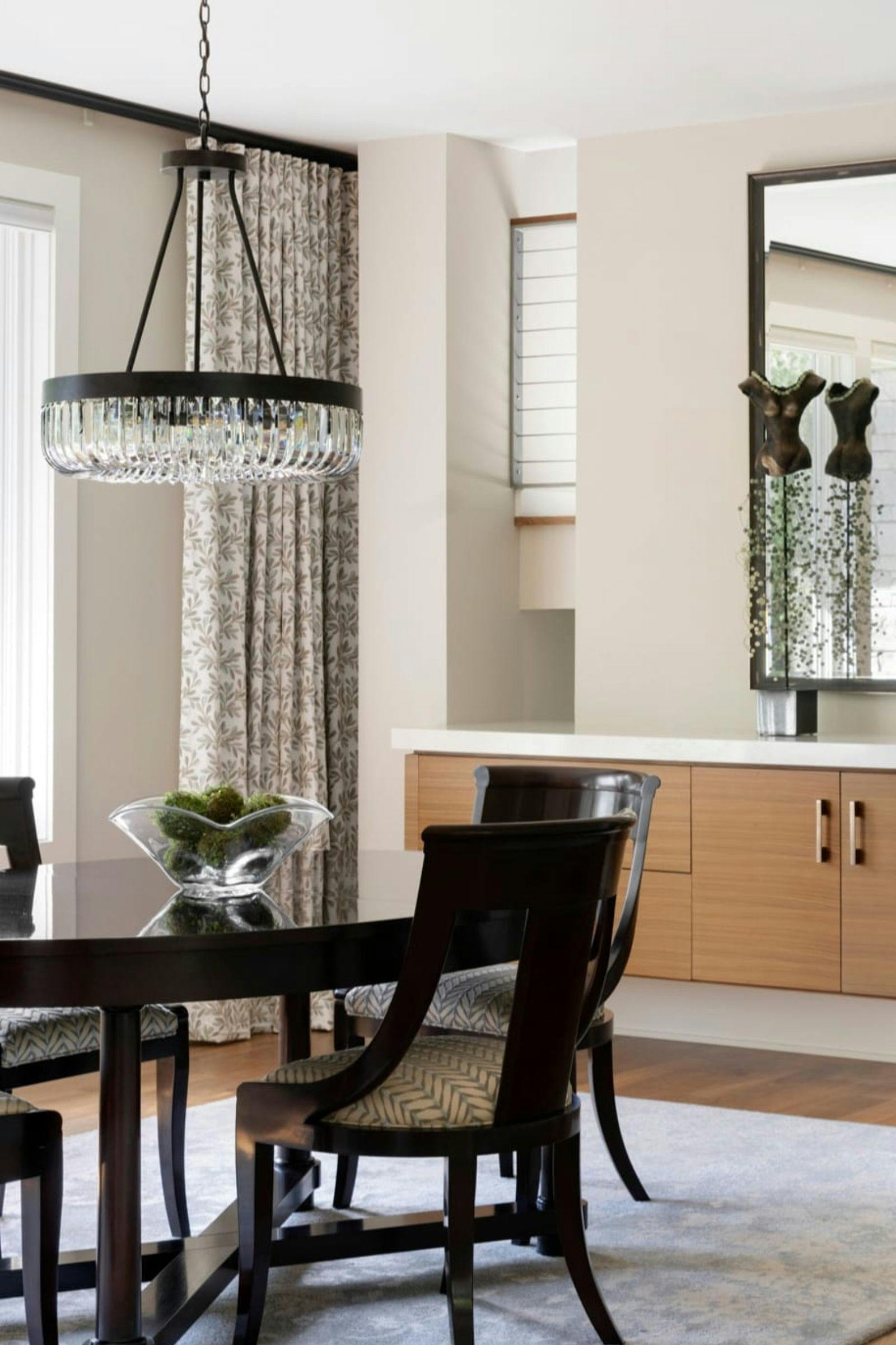 dining room table and floating serving table with decor