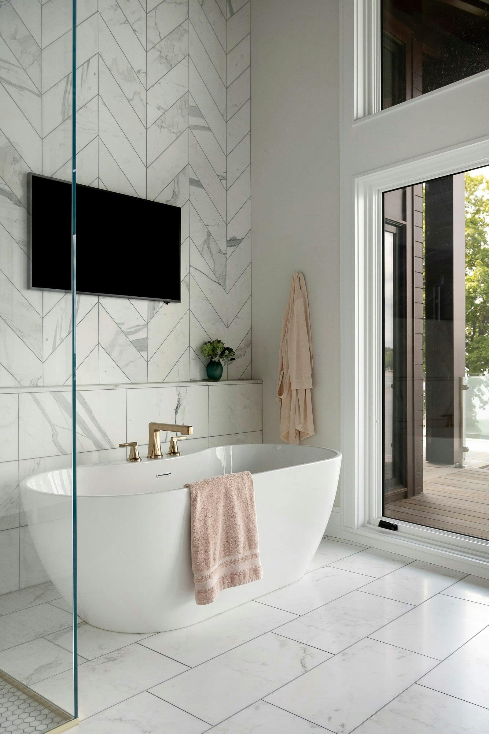 tub with white tile with gray veining