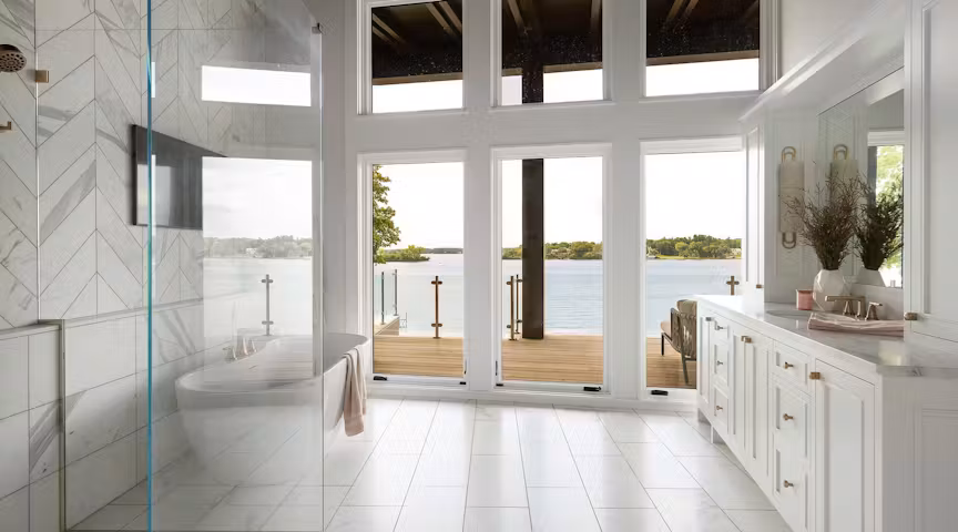 spa bathroom, shower, soaking tub, custom vanity and mirror
