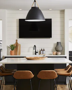 kitchen island with doorway on the right