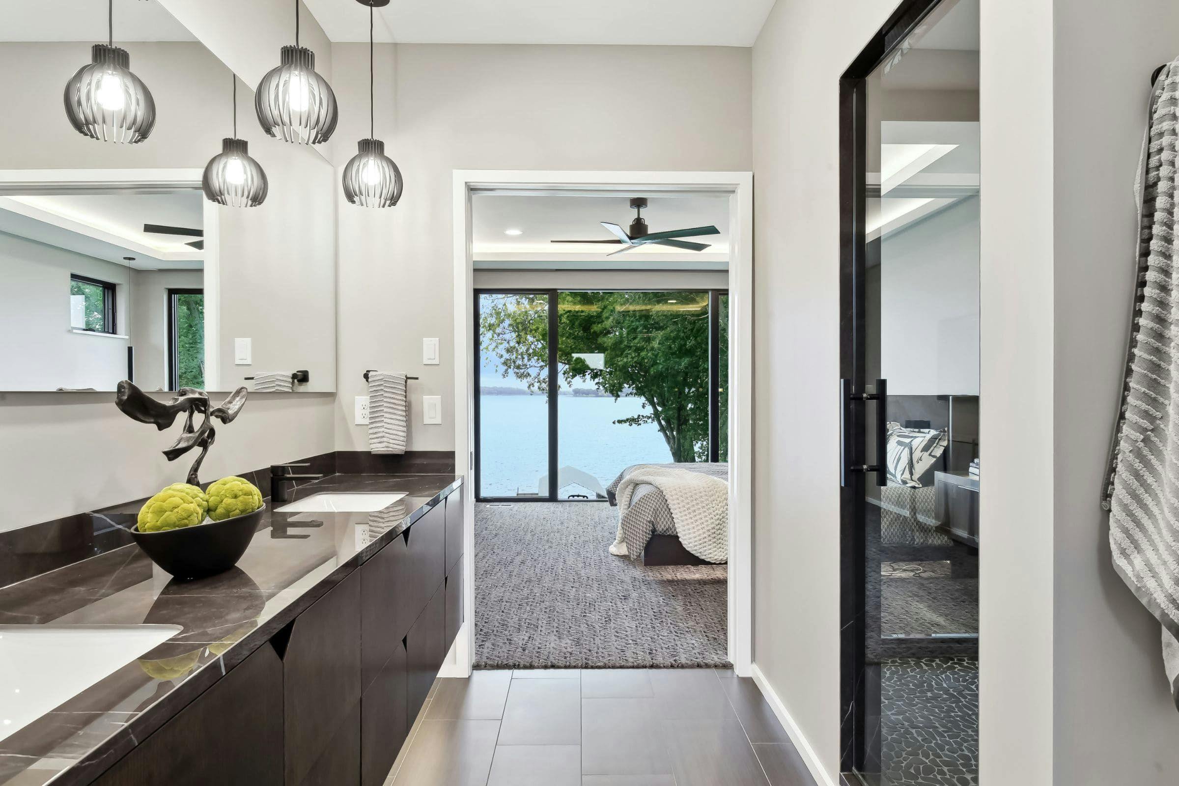 modern bathroom overlooking lake
