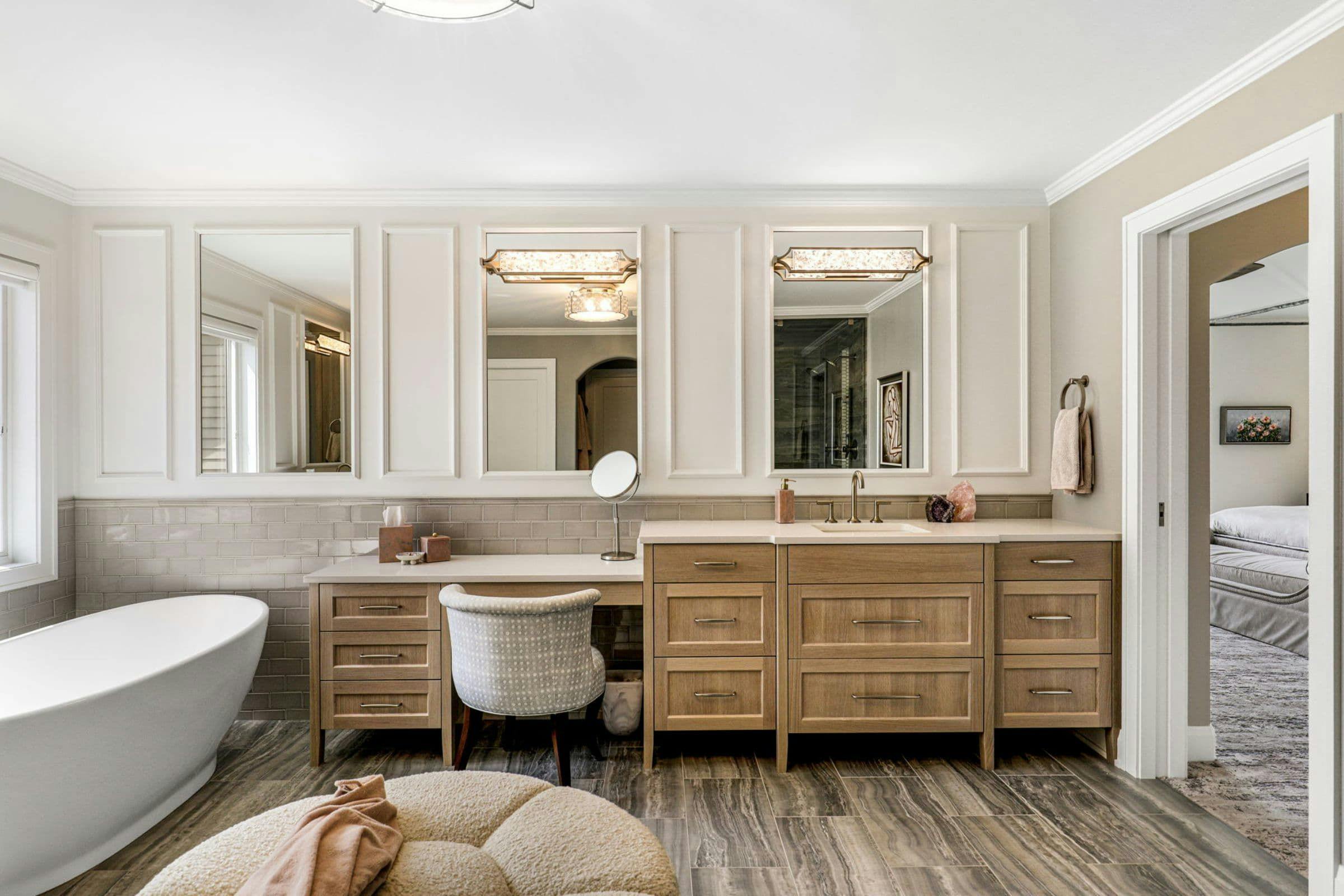 wood vanity with mirrors and makeup counter