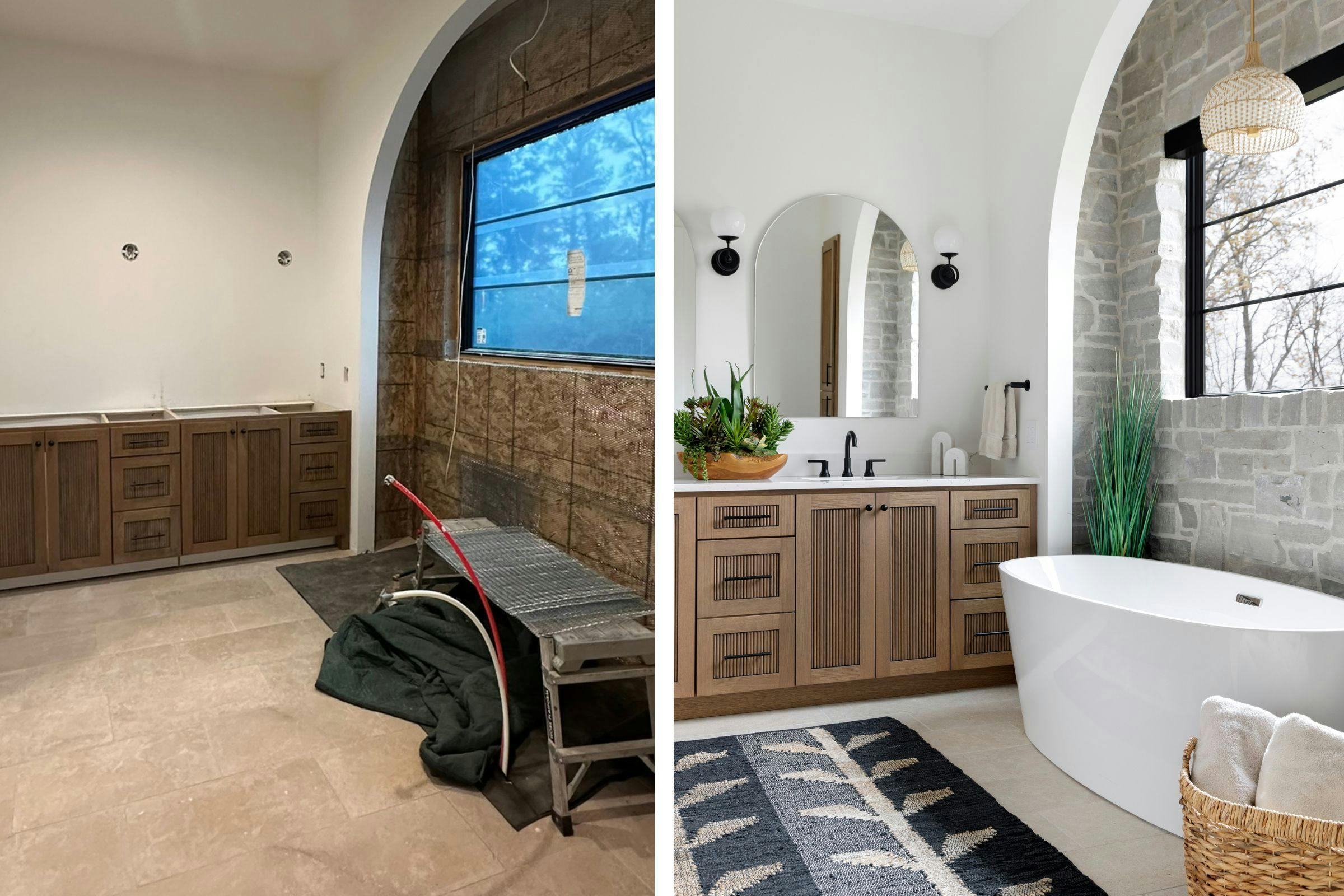 from in progress owner's suite to completed bathroom with a soaking tub
