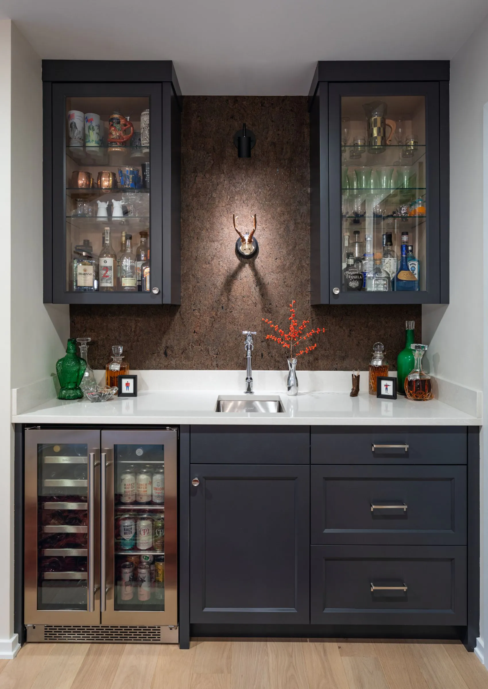 Custom Home Bar with Glass Cabinets and Beverage Fridge
