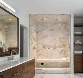 bright luxury bathroom with large shower