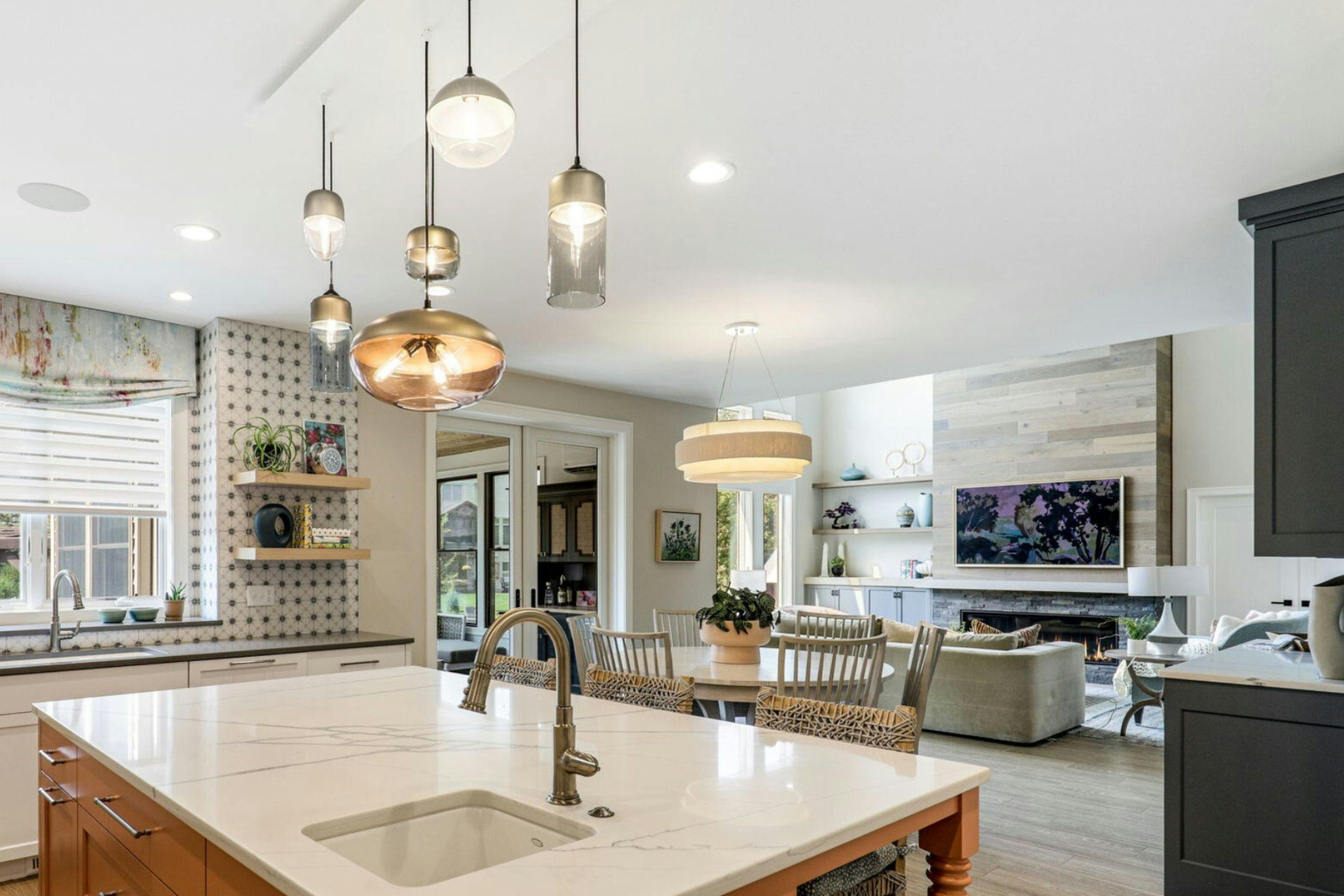 kitchen island opening up to the family room