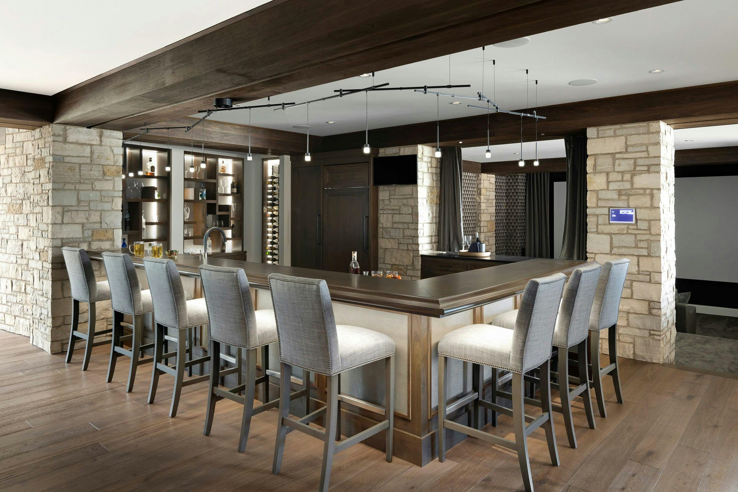 l-shaped bar with stone and wood