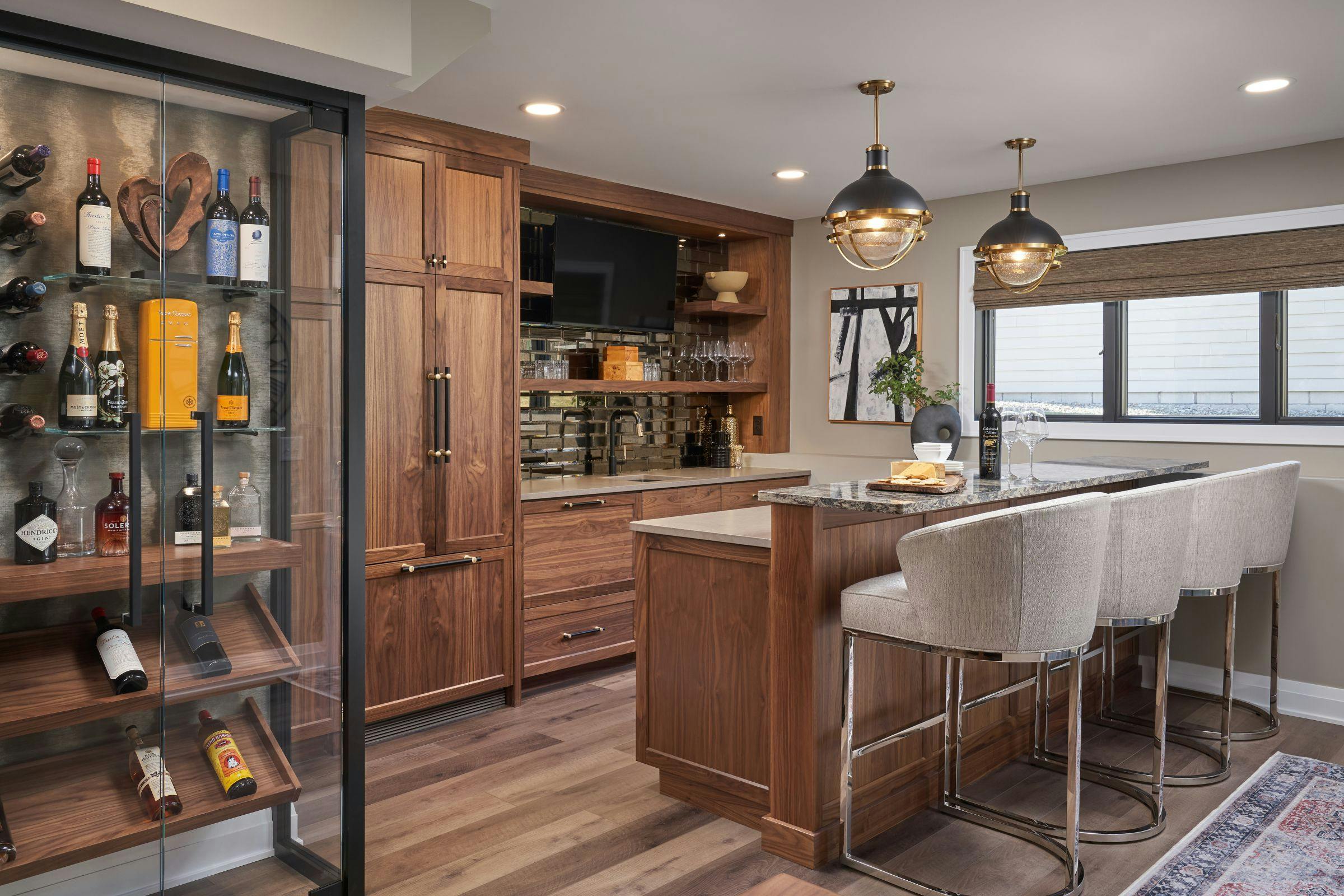 bar with warm woods and bar stools