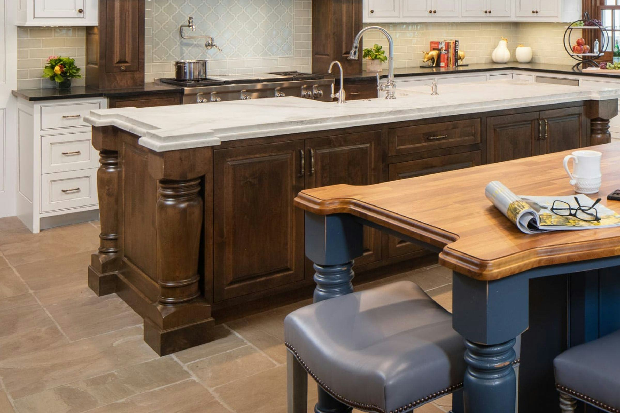 butcher block, blue island and stained island with stained bottom