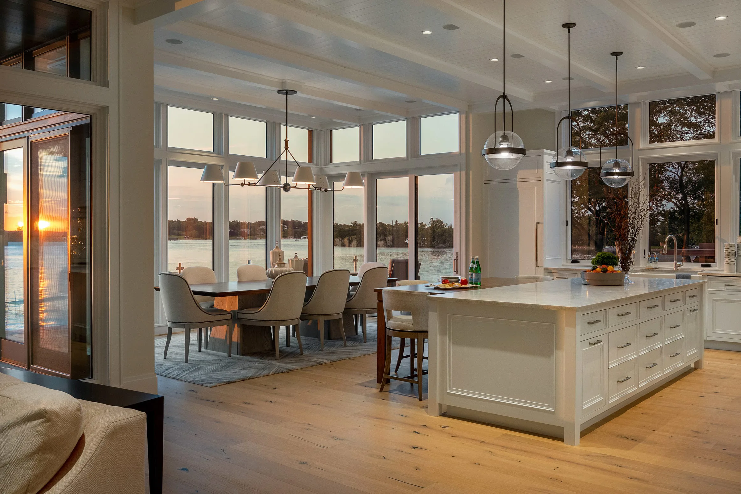 dining room, kitchen, sunsetting over lake