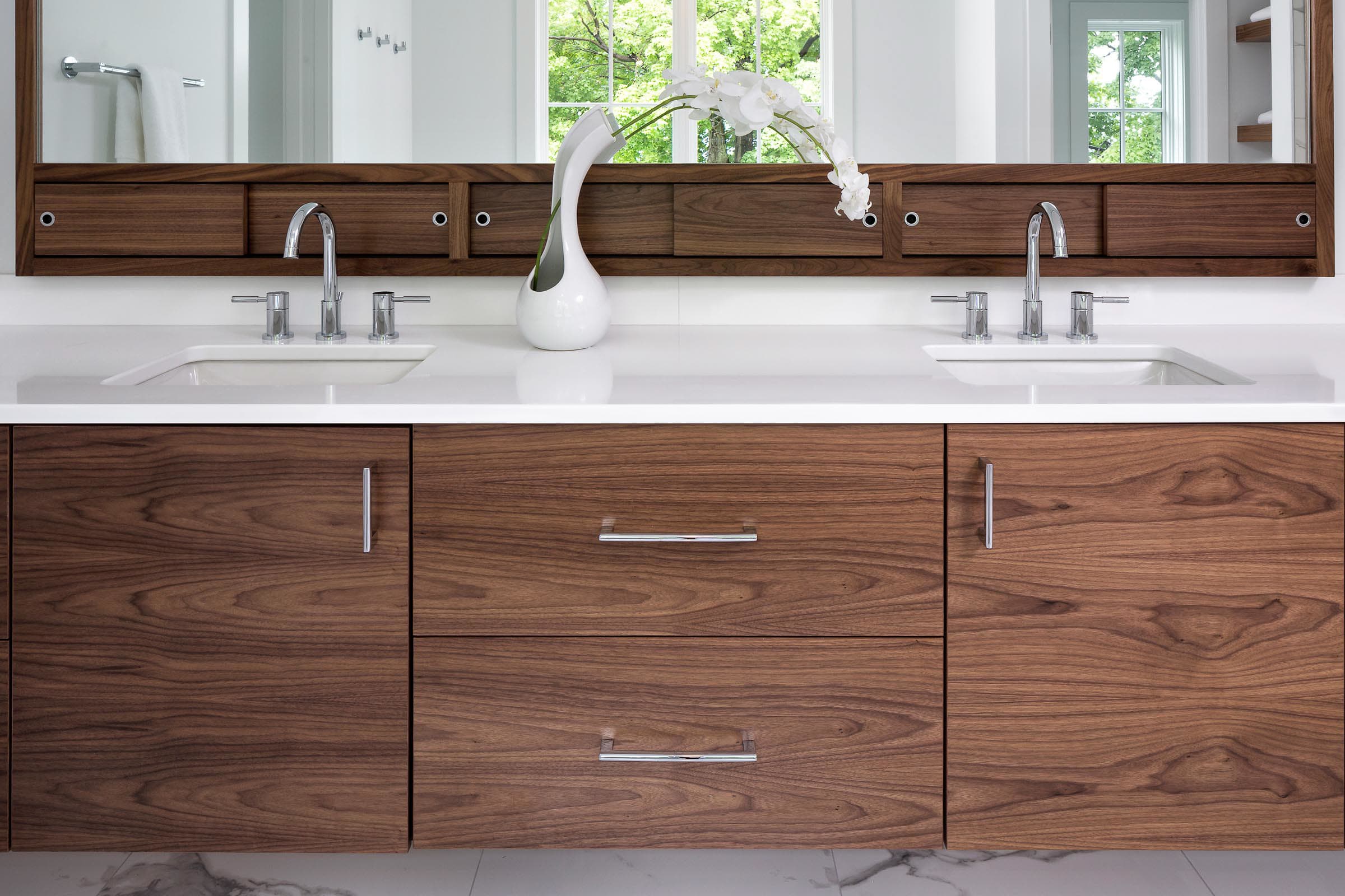 wood vanity with white counter