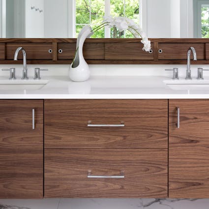 wood vanity with white counter