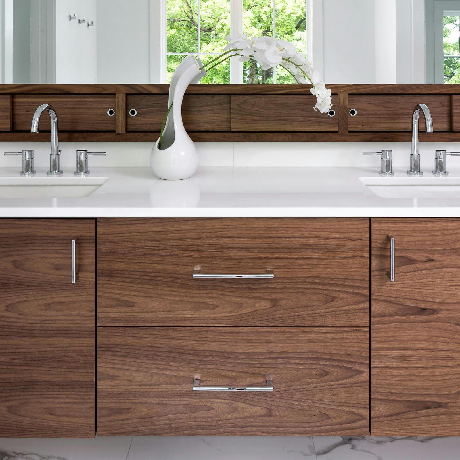 wood vanity with white counter