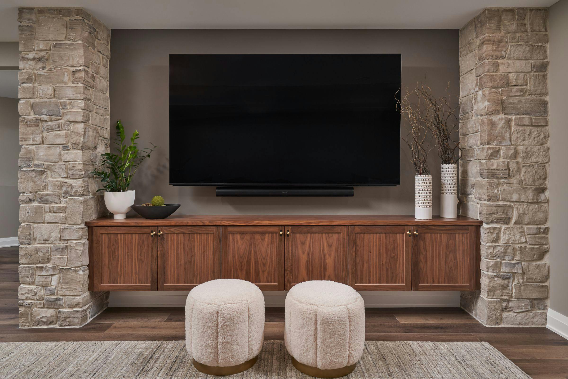 TV, floating media cabinet, vases