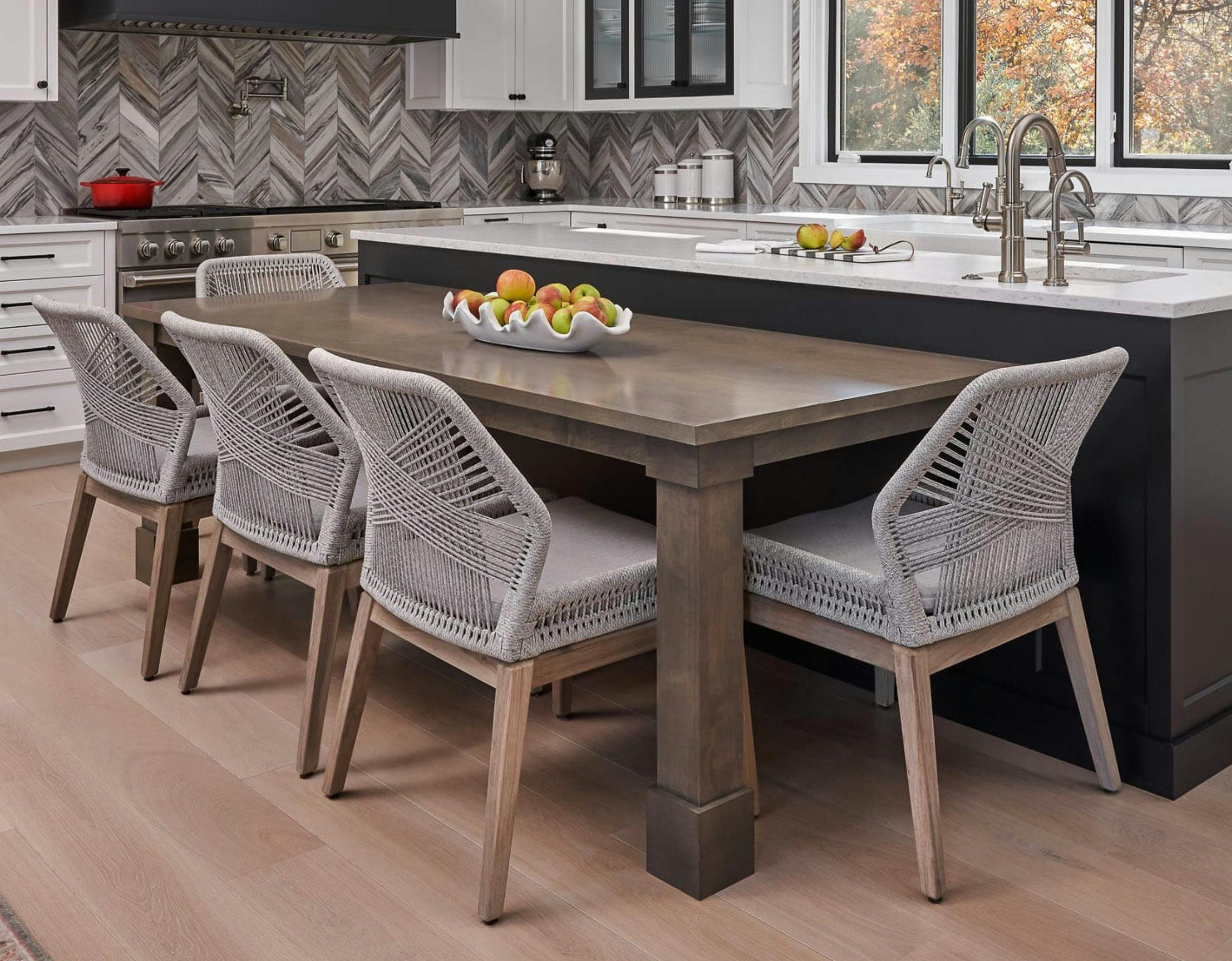 brown table, gray rope chairs