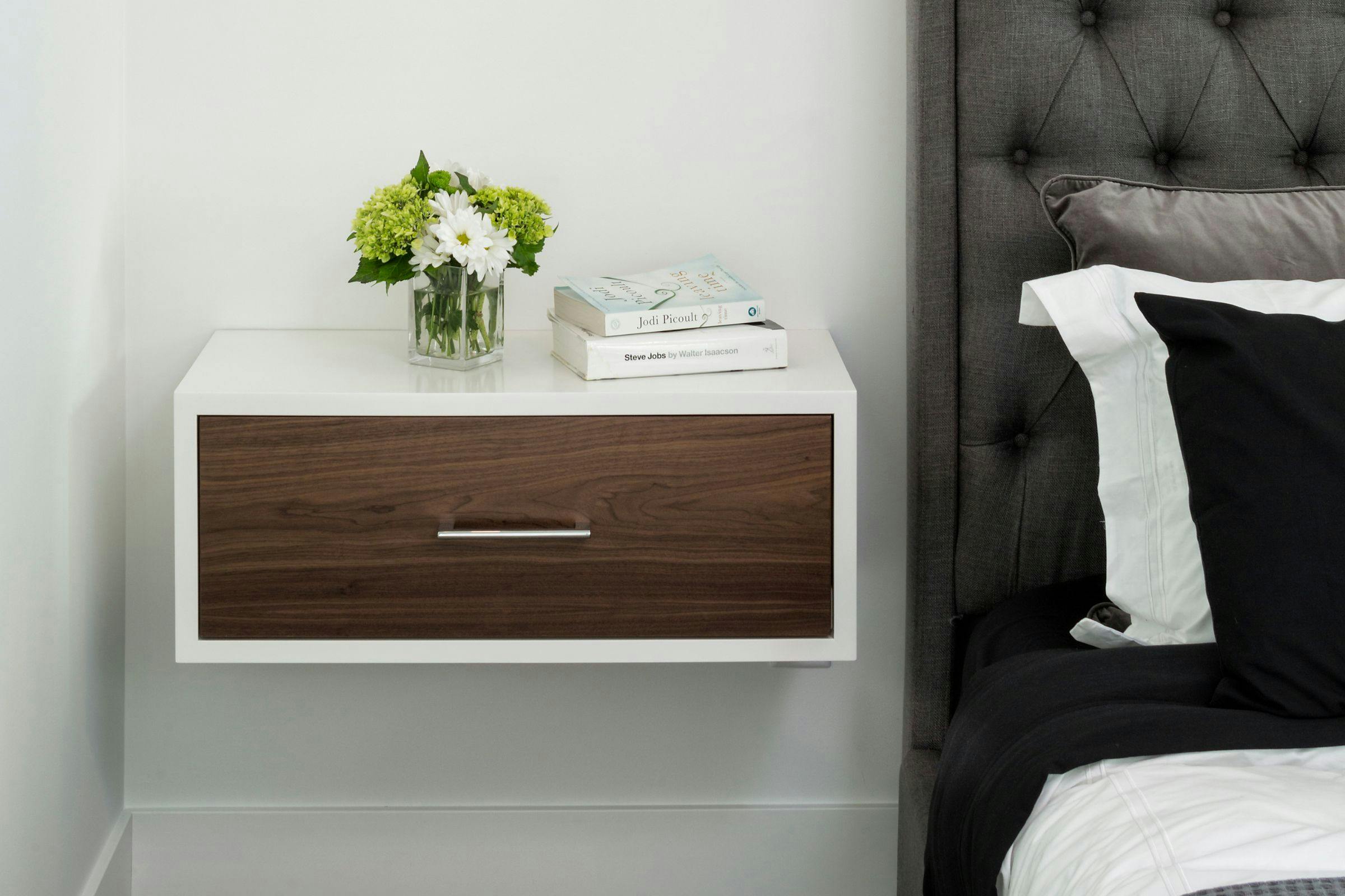 floating white and wood vanity