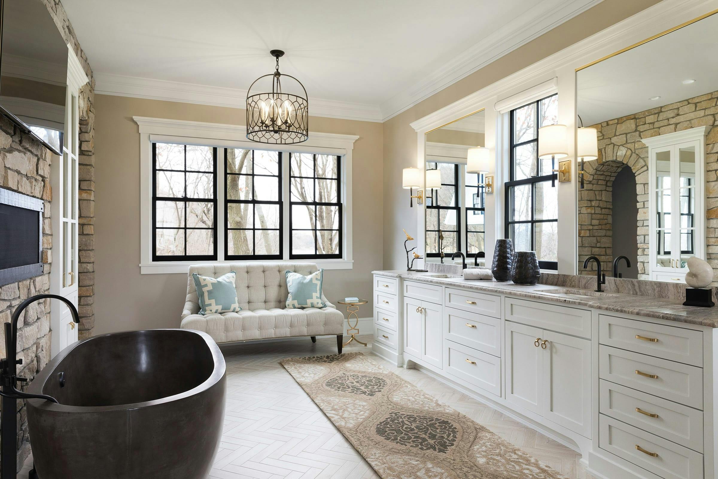 bathroom, TV, concrete tub, white vanity