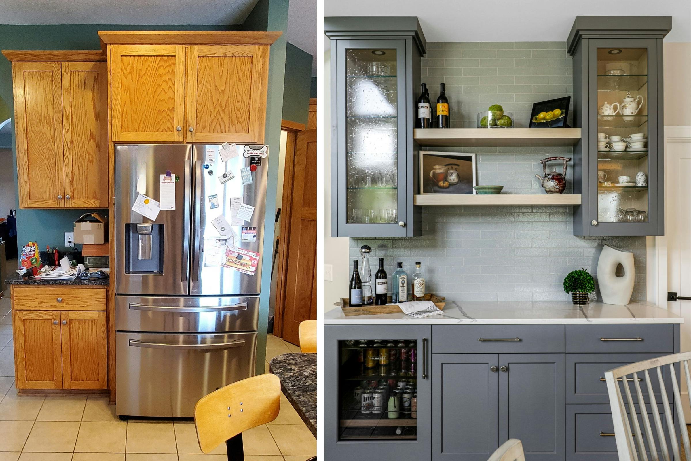 before and after of the kitchen wall to now a bar wall