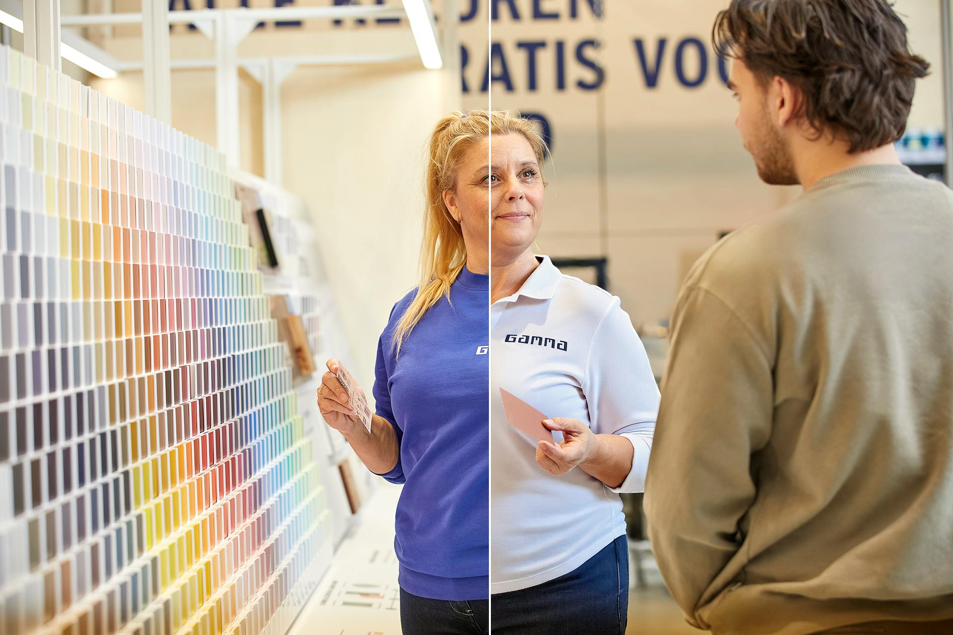 Vergelijking van een GAMMA medewerker, waarbij de oude bedrijfskleding met AI is vervangen door het nieuwe witte verfspecialist-shirt