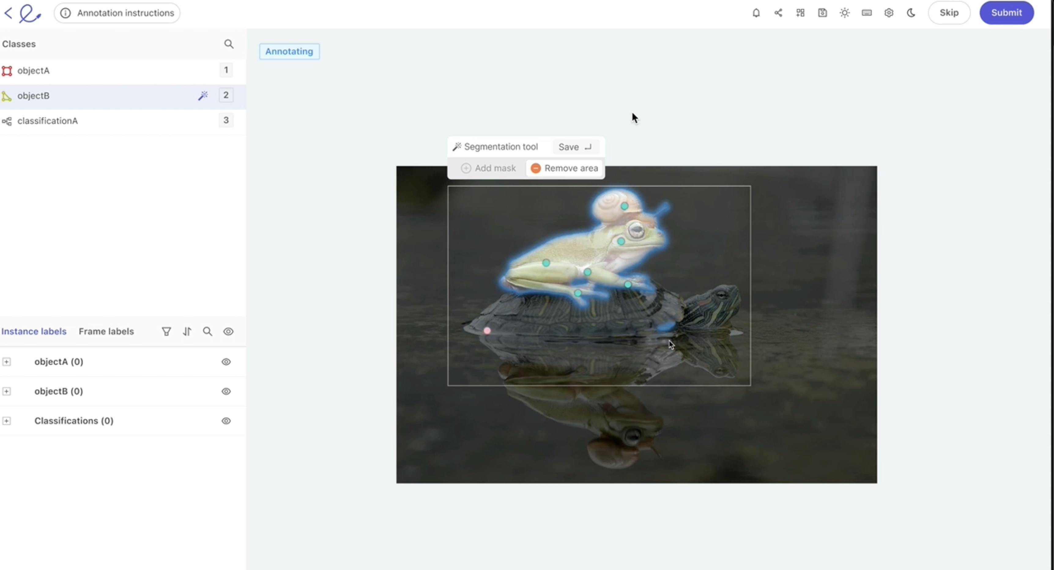 Image of a frog segmented by the Segment Anything Model (SAM) inside the Encord platform