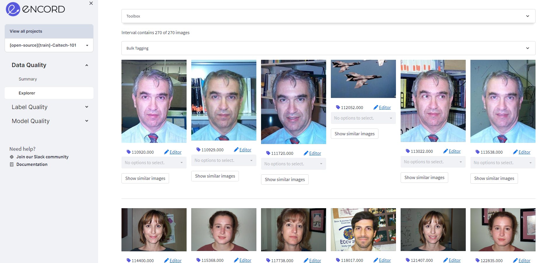 An exmple of images of people's faces in the dataset, using Encord Active to tag them to assess data quality