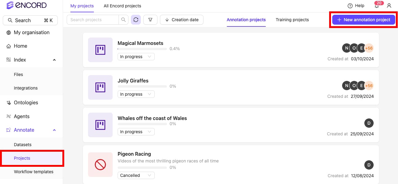 Creating annotation project in Encord platform