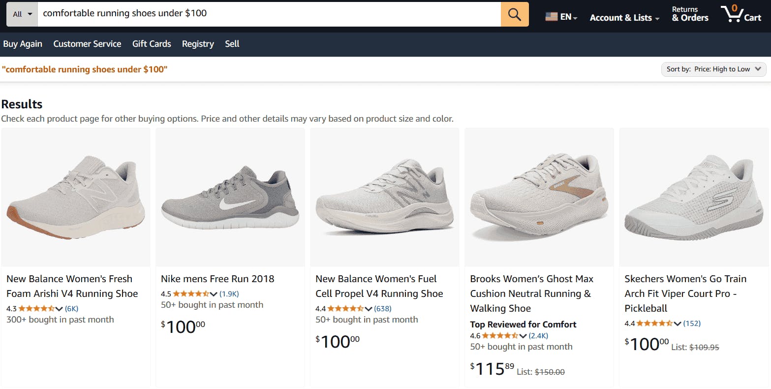 Product Search on ecommerce platform Amazon result of running shoes