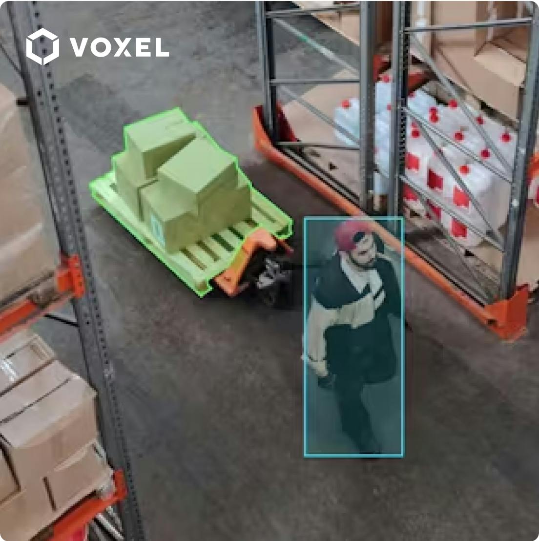 Voxel cover image showing a man walking through a warehouse with labels over each