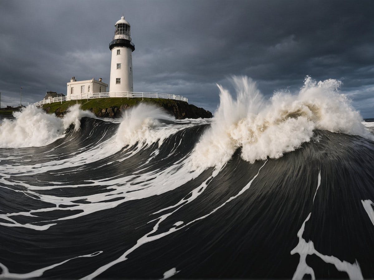Fisheye lens photo where waves hit a lighthouse in Scotland, black waves.