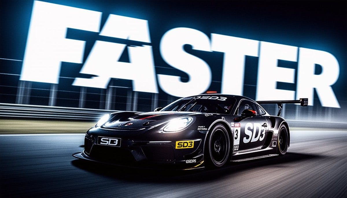 Image depicting prompt adherence feature of Stable Diffusion 3 for the prompt "Night photo of a sports car with the text "SD3" on the side, the car is on a race track at high speed, a huge road sign with the text "faster""