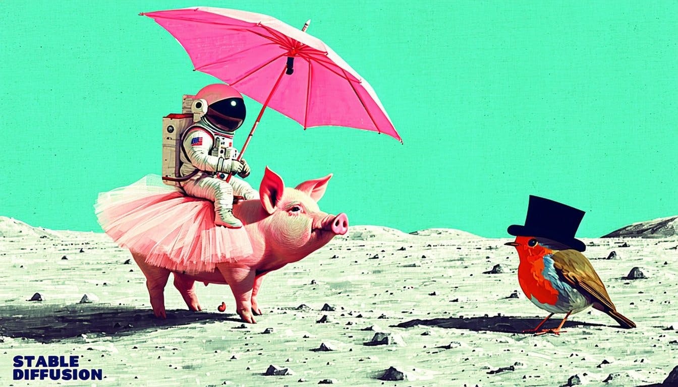Stable Diffusion 3 (SD 3) generated image for the prompt "A painting of an astronaut riding a pig wearing a tutu holding a pink umbrella, on the ground next to the pig is a robin bird wearing a top hat, and in the corner are the words "stable diffusion""