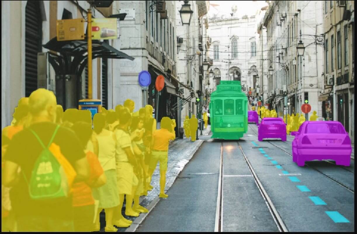 Screenshot of Appen data labeling platform labelling image of street with people and tram