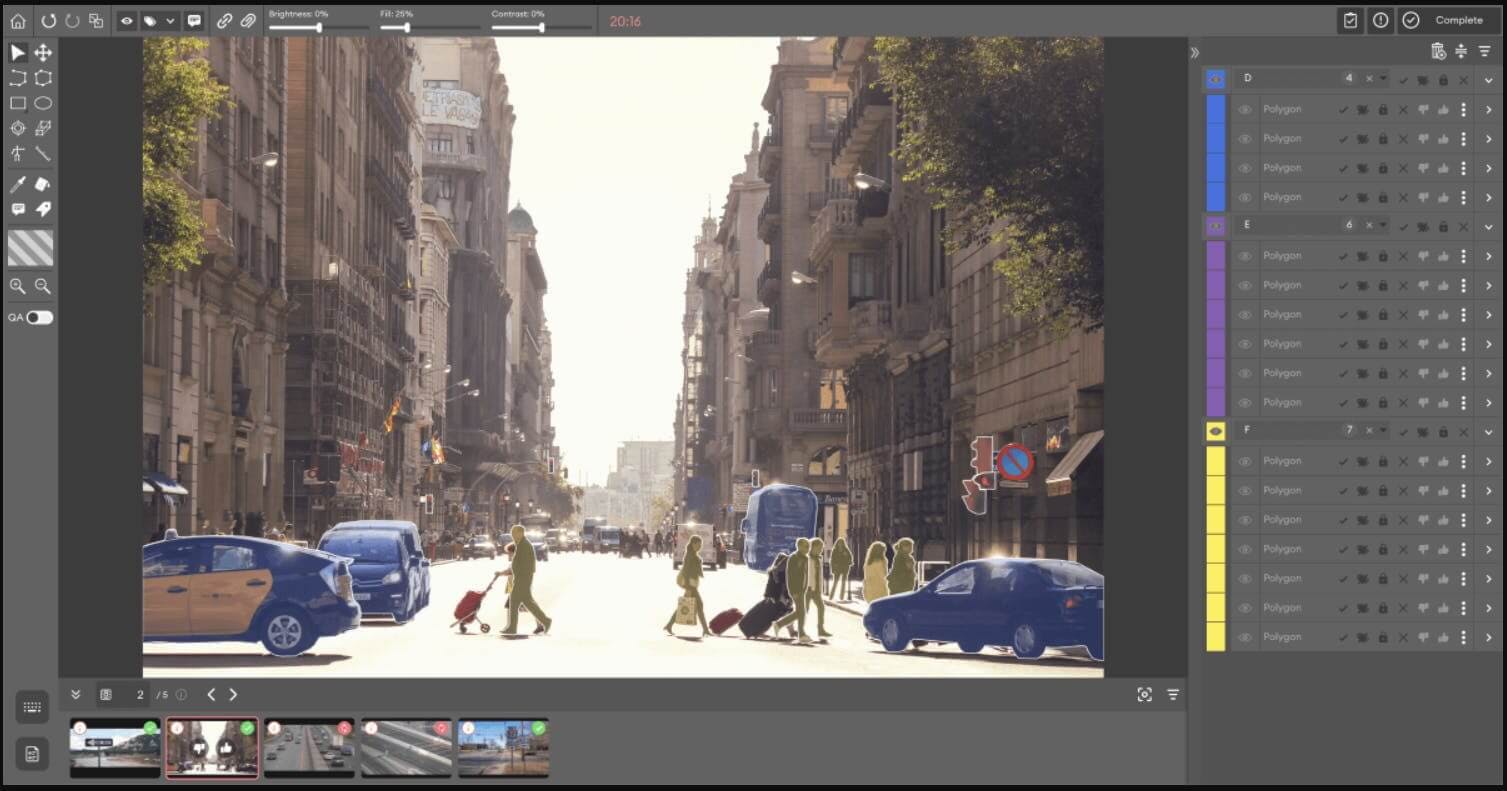 Screenshot of SuperAnnotates's image annotation tool labeling image of street with taxi and people crossing