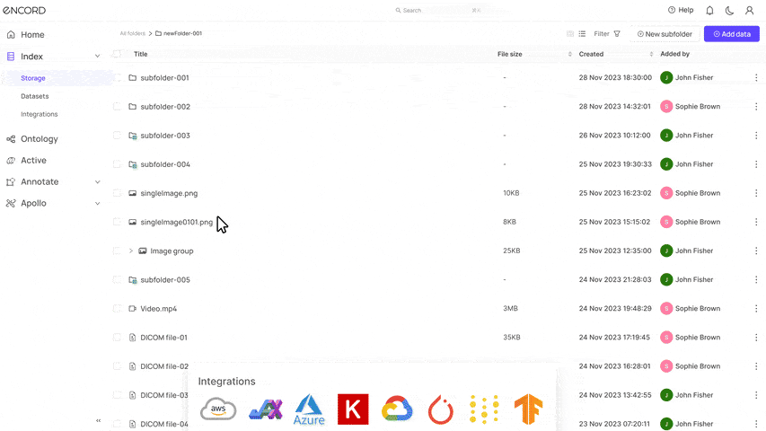 screen recornding of Encord Index data curation and management product