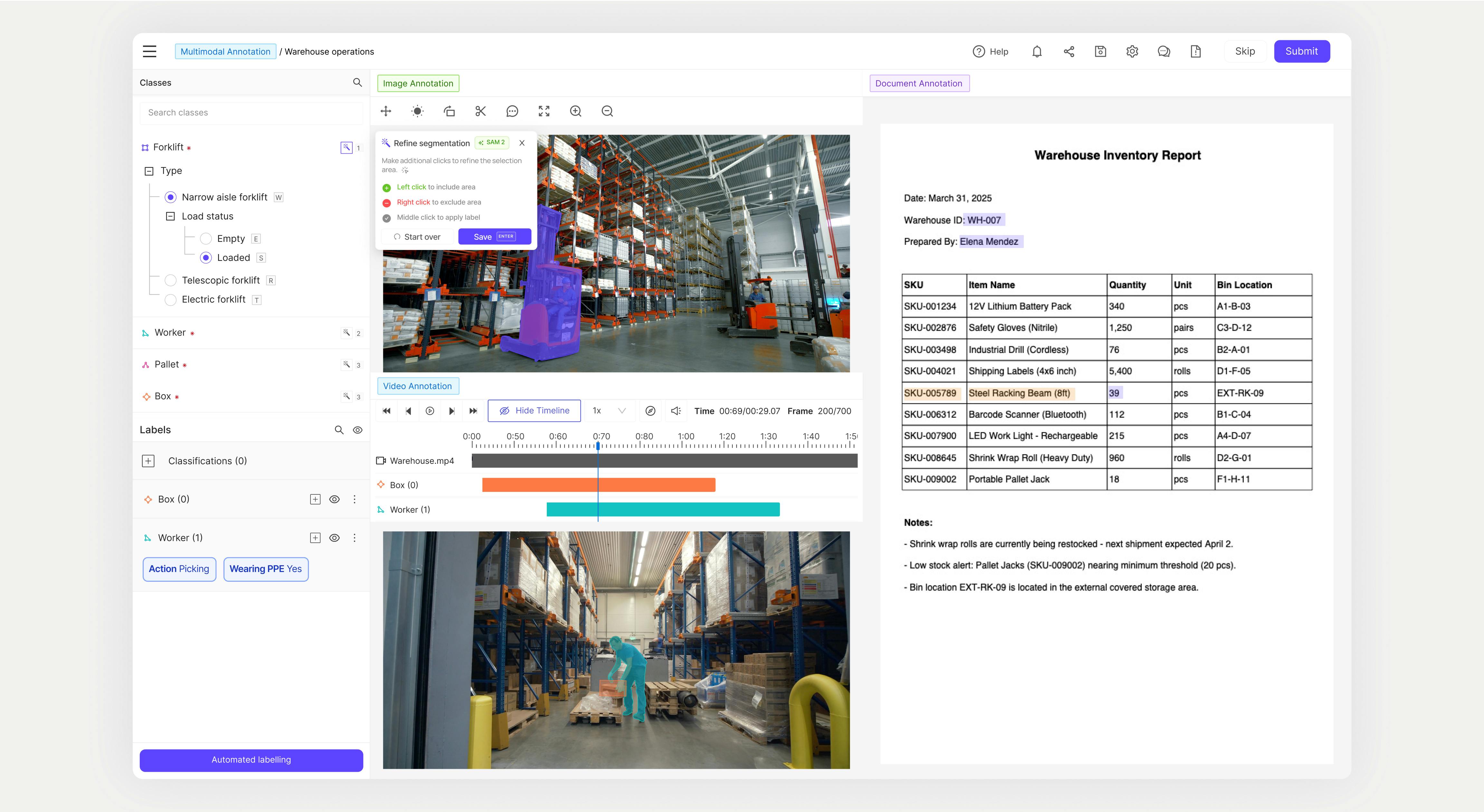 Multimodal editor in Encord platform, enabling teams to annotate multiple files of different modalities (image, videos, text, doc, etc.) in one single unified interface.