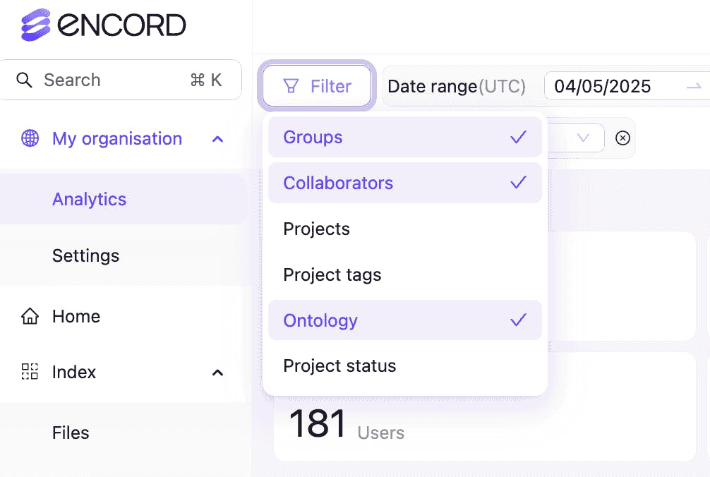 Encord Organization Analytics filtering interface