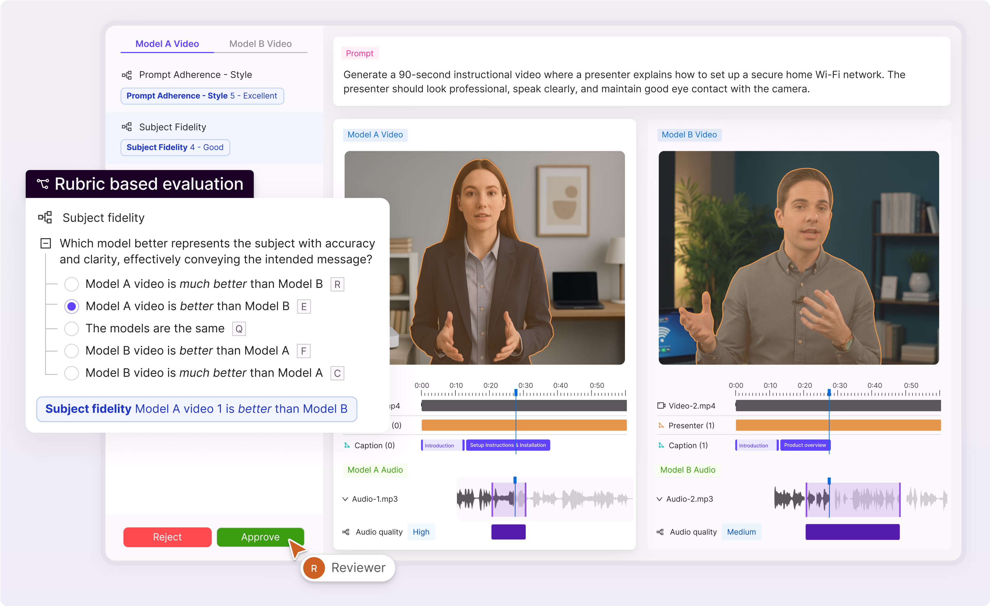 Rubric based evaluation and RLHF use case comparing the output of two models in the Encord platform