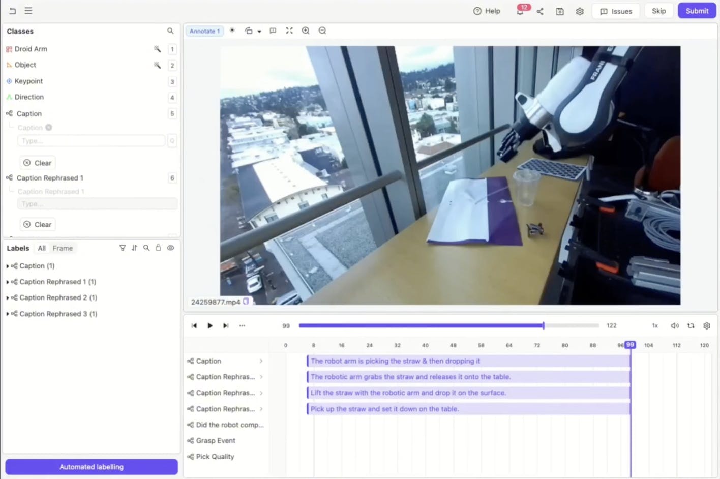 GPT 4o generated captions on VLA timeline in Encord