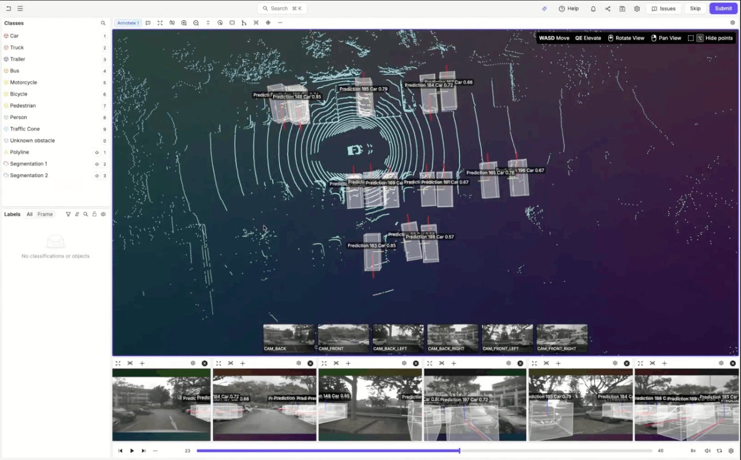 dense parking lot scene in Encord LiDAR annotation interface