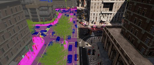 An example visualization of semantic masks generated for vehicles and road objects with CARLA simulator