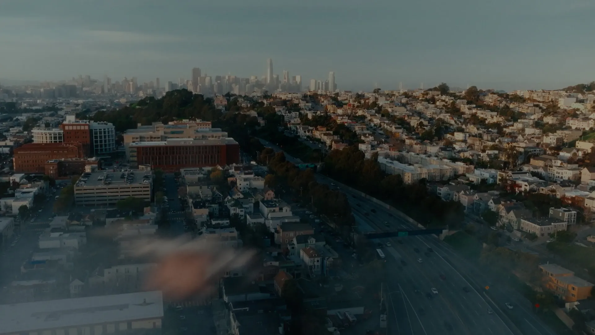 san francisco skyline with drone flying across it