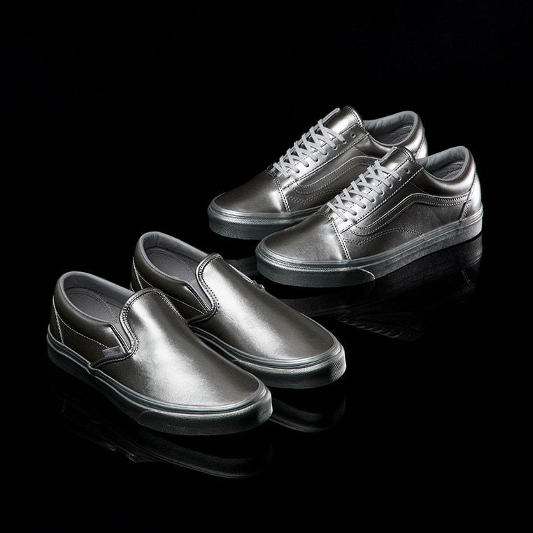 silver metallic leather vans