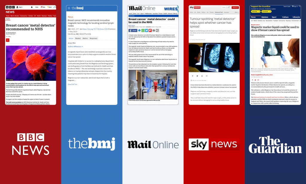 News article clippings covering NICE recommendation of Magtrace