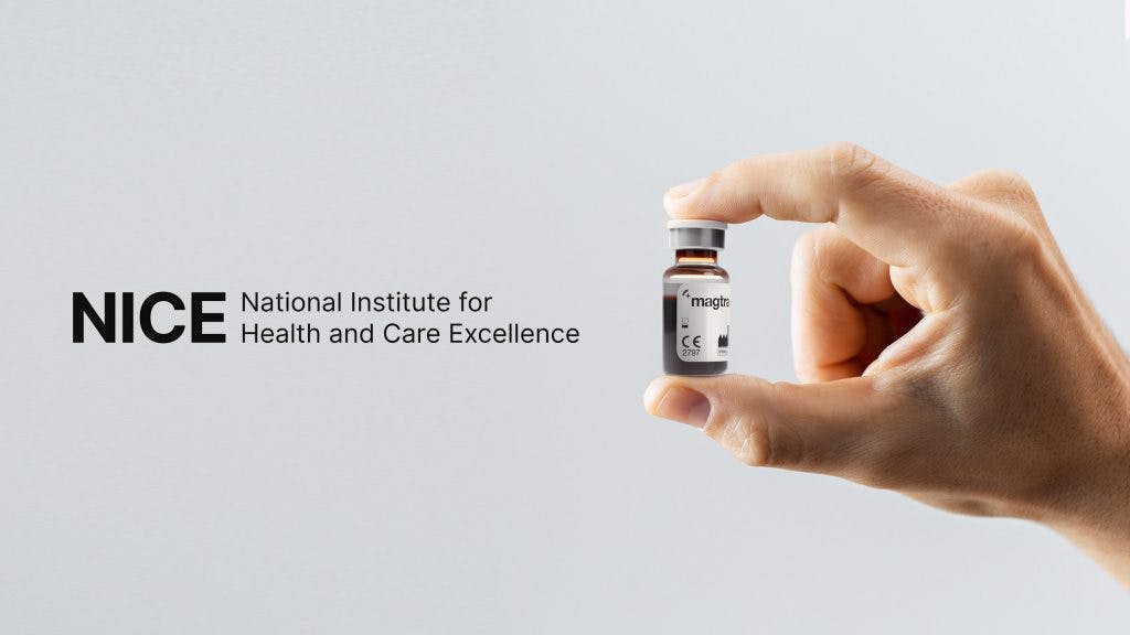 Hand holding a Magtrace vial next to the NICE logo