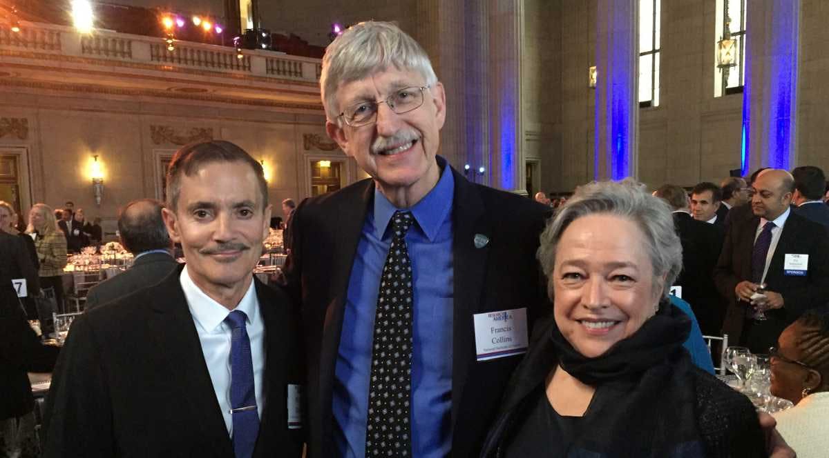 President of the Lymphatic Education & Research Network (LE&RN), William Repicci, with Kathy Bates and Dr Francis Collins 