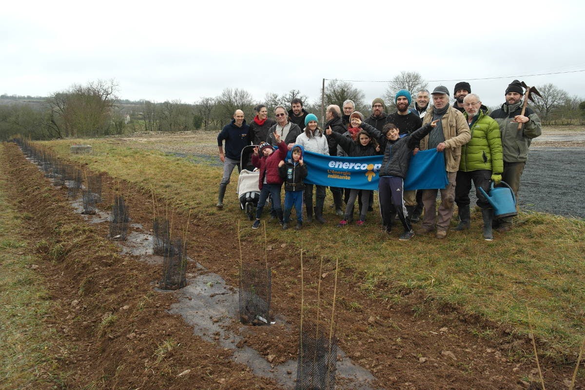 Chantier participatif de plantation d'une haie par les sociétaires d'Enercoop Midi-Pyrénées, sur le futur parc solaire de Montfaucon