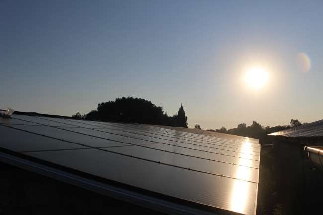 Reflet du soleil sur les panneaux photovoltaïques d'une toiture